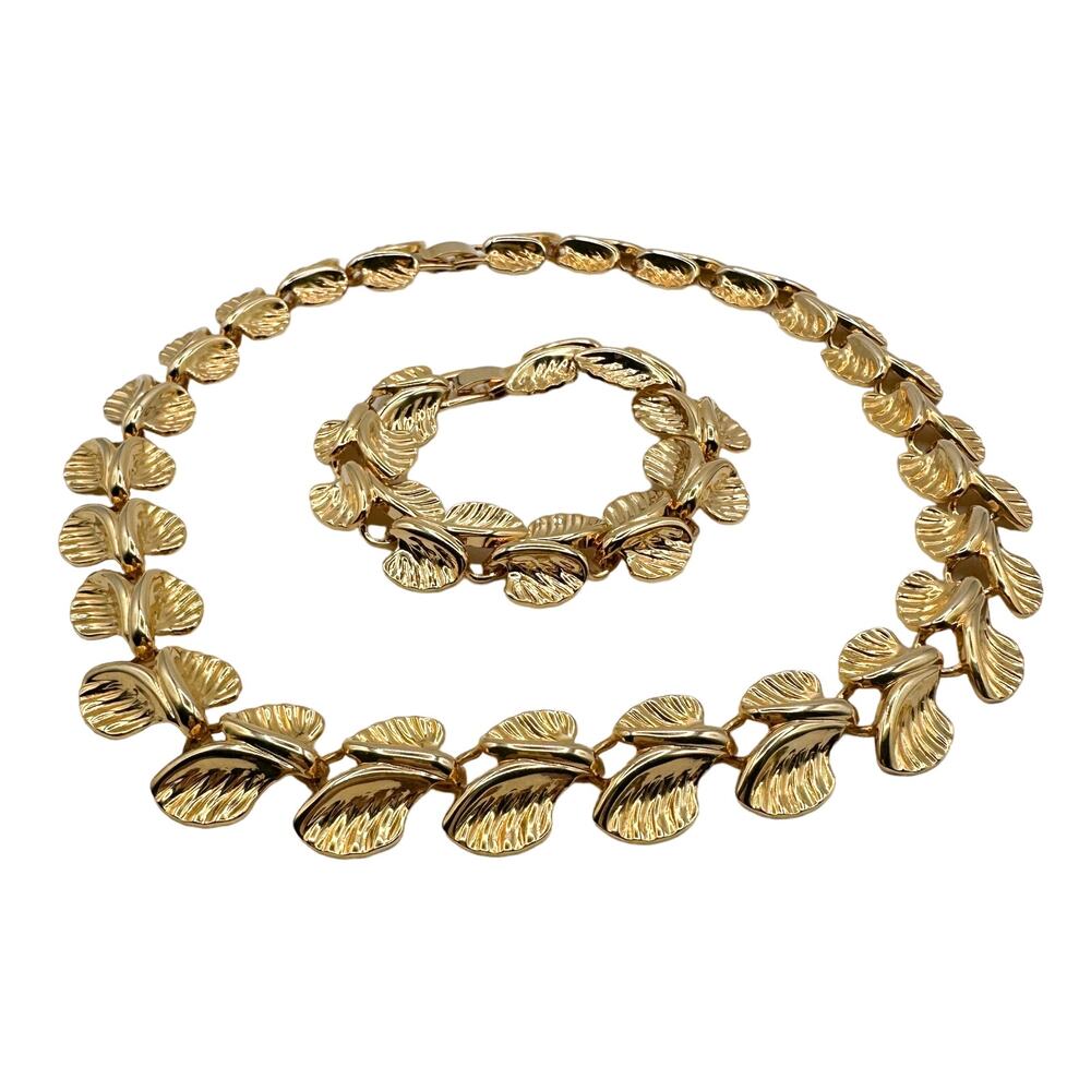 Vintage 50s Gold Tone Leaf Necklace Bracelet Set Double Row Mid Century Choker